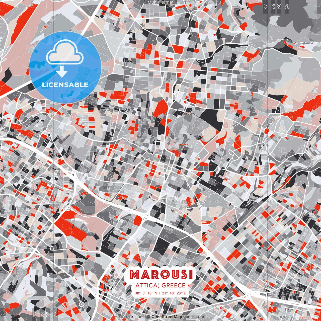 Marousi, Attica, Greece - modern street map poster template with gray and red tones