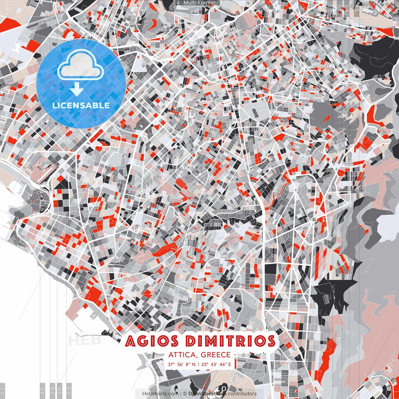 Agios Dimitrios, Attica, Greece - modern street map poster template with gray and red tones