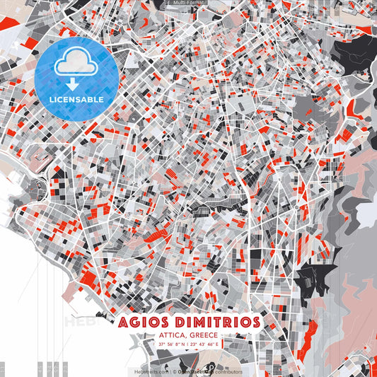Agios Dimitrios, Attica, Greece - modern street map poster template with gray and red tones