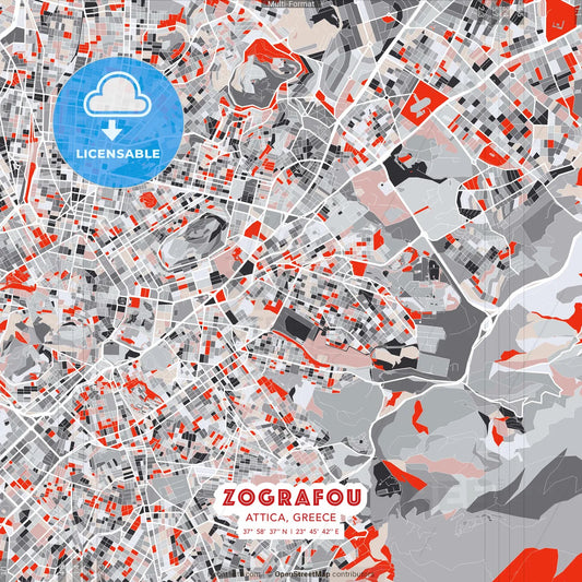 Zografou, Attica, Greece - modern street map poster template with gray and red tones