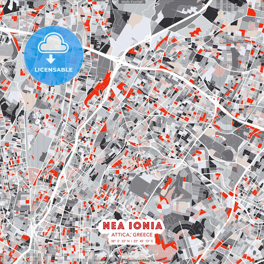 Nea Ionia, Attica, Greece - modern street map poster template with gray and red tones