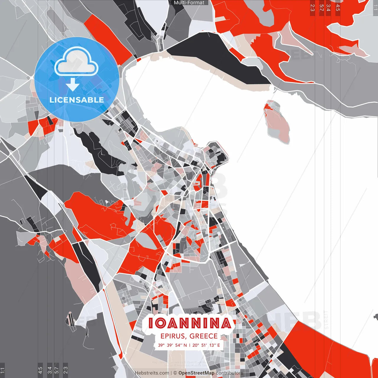 Ioannina, Epirus, Greece - modern street map poster template with gray and red tones