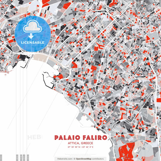 Palaio Faliro, Attica, Greece - modern street map poster template with gray and red tones