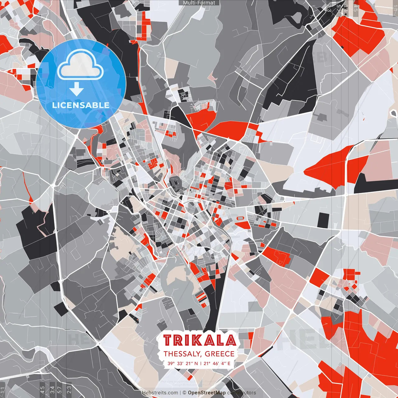 Trikala, Thessaly, Greece - modern street map poster template with gray and red tones