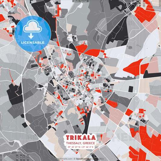 Trikala, Thessaly, Greece - modern street map poster template with gray and red tones