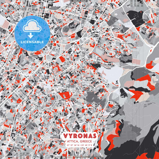Vyronas, Attica, Greece - modern street map poster template with gray and red tones
