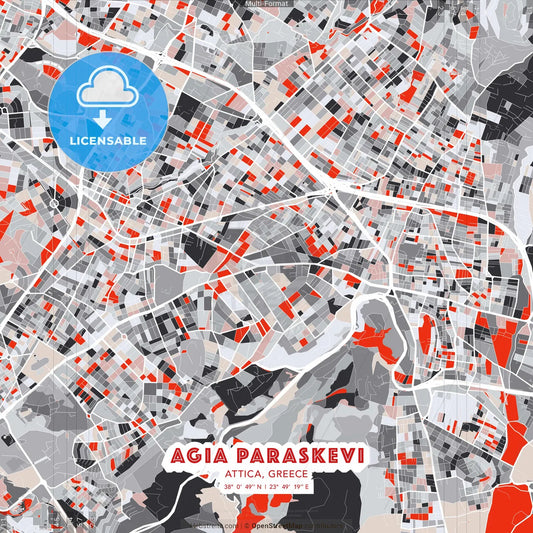 Agia Paraskevi, Attica, Greece - modern street map poster template with gray and red tones