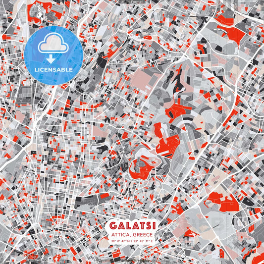 Galatsi, Attica, Greece - modern street map poster template with gray and red tones
