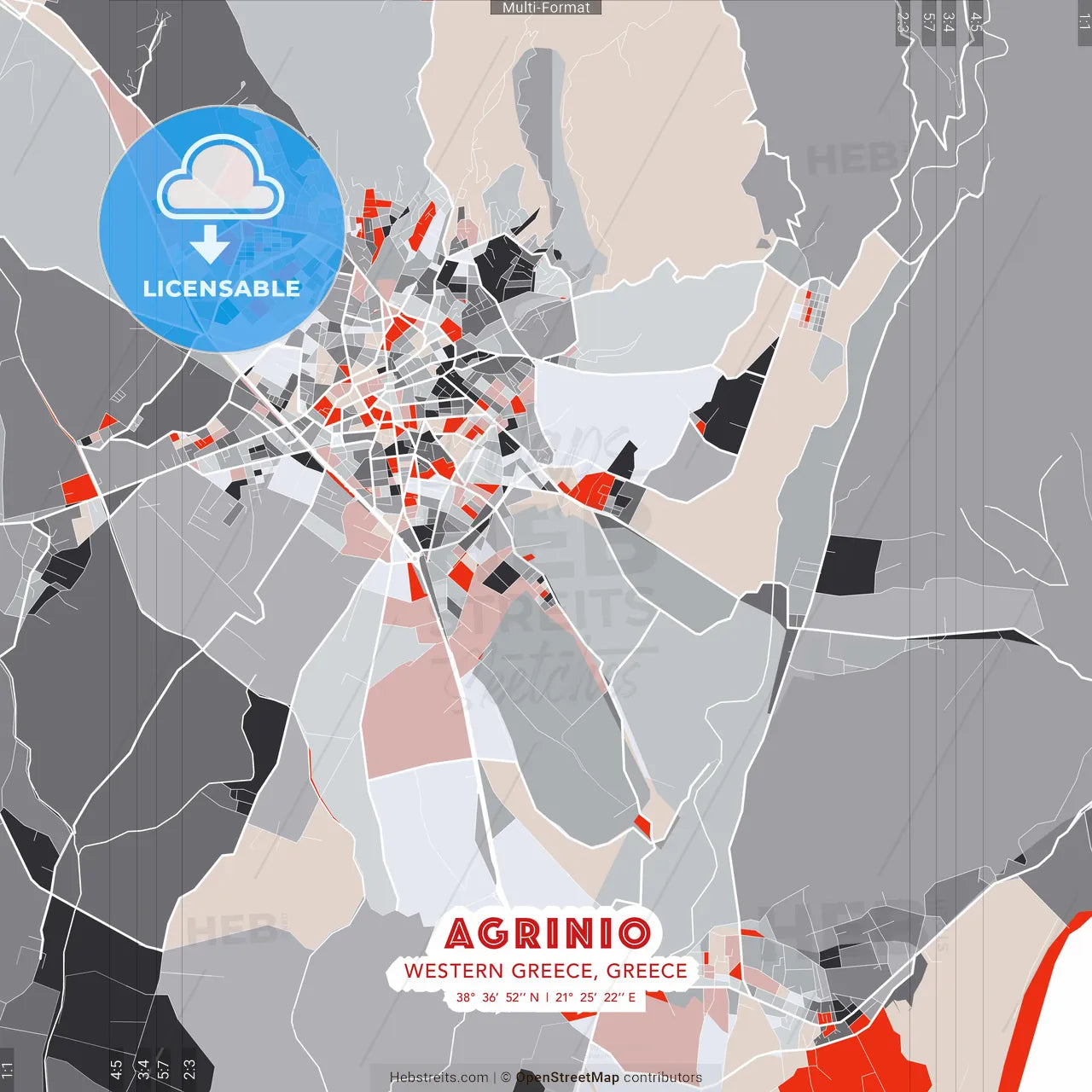 Agrinio, Western Greece, Greece - modern street map poster template with gray and red tones