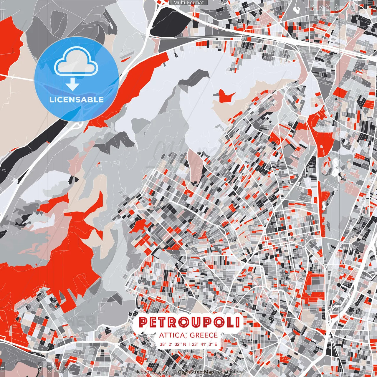 Petroupoli, Attica, Greece - modern street map poster template with gray and red tones