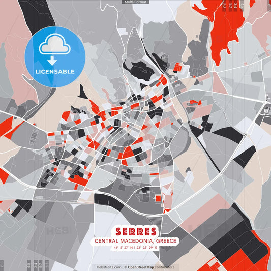 Serres, Central Macedonia, Greece - modern street map poster template with gray and red tones