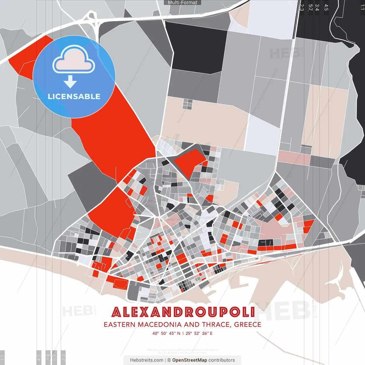 Alexandroupoli, Eastern Macedonia and Thrace, Greece - modern street map poster template with gray and red tones