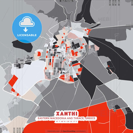 Xanthi, Eastern Macedonia and Thrace, Greece - modern street map poster template with gray and red tones