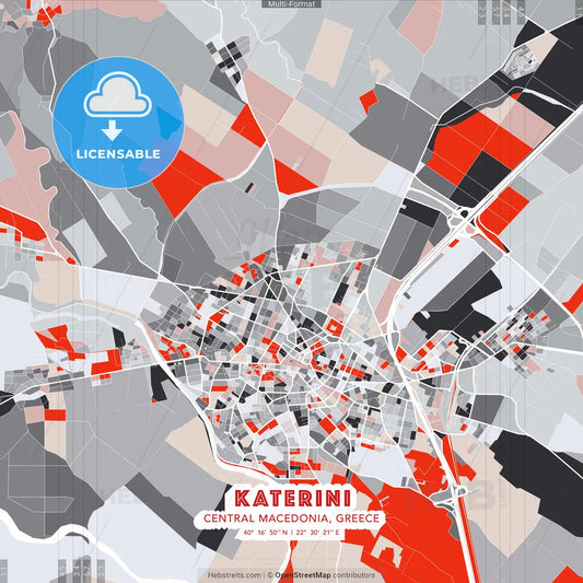 Katerini, Central Macedonia, Greece - modern street map poster template with gray and red tones