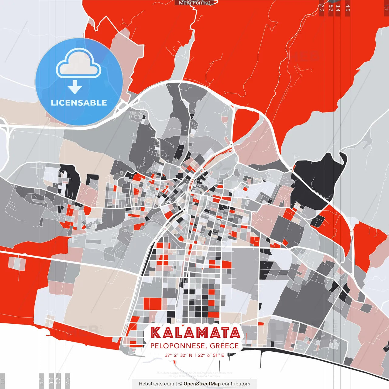 Kalamata, Peloponnese, Greece - modern street map poster template with gray and red tones
