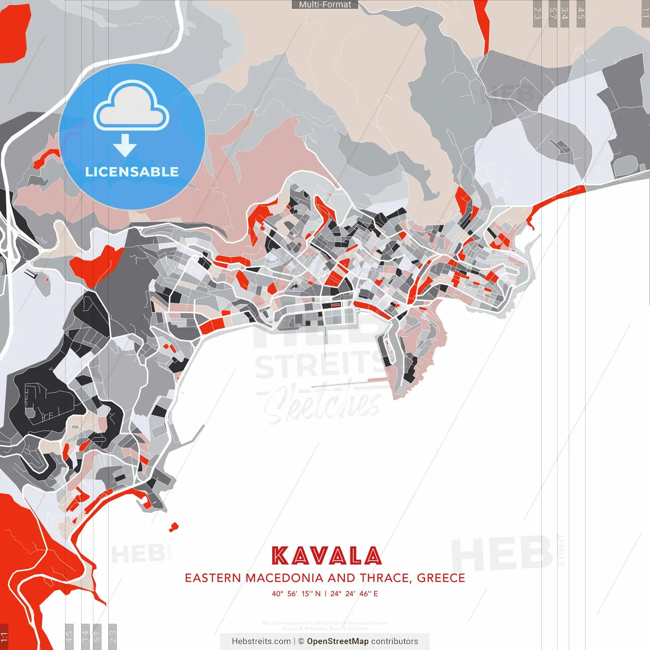 Kavala, Eastern Macedonia and Thrace, Greece - modern street map poster template with gray and red tones