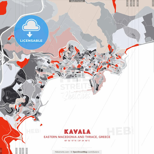 Kavala, Eastern Macedonia and Thrace, Greece - modern street map poster template with gray and red tones