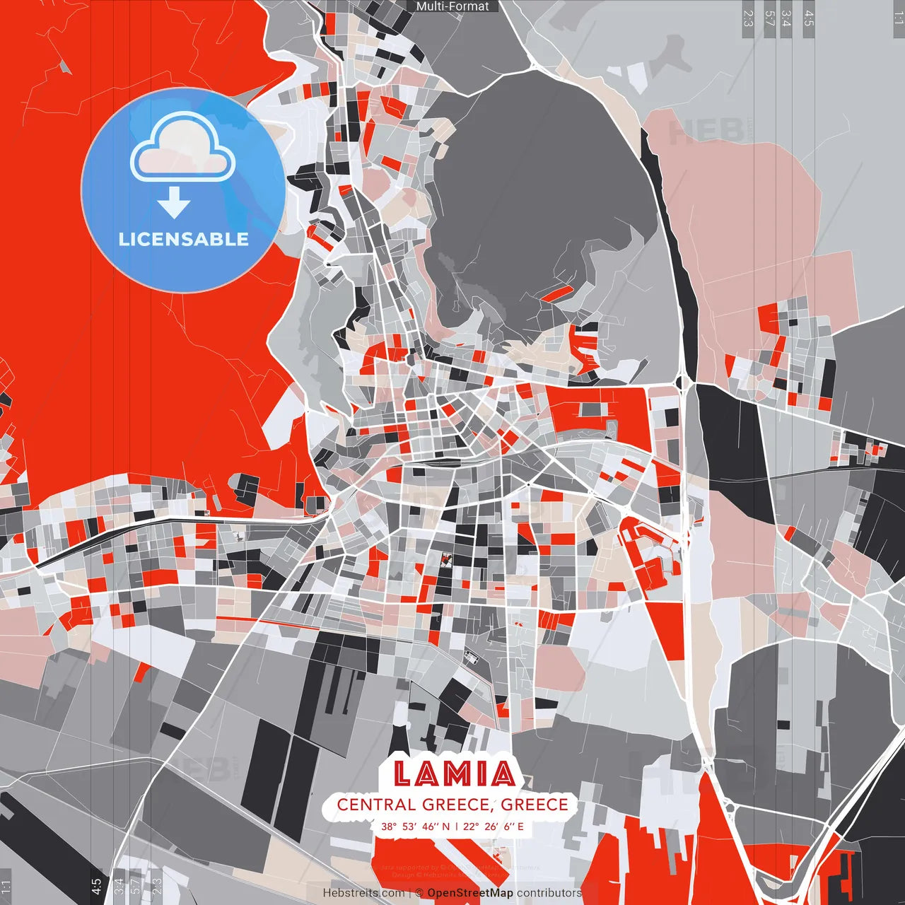 Lamia, Central Greece, Greece - modern street map poster template with gray and red tones