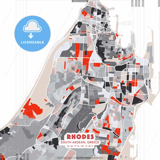 Rhodes, South Aegean, Greece - modern street map poster template with gray and red tones