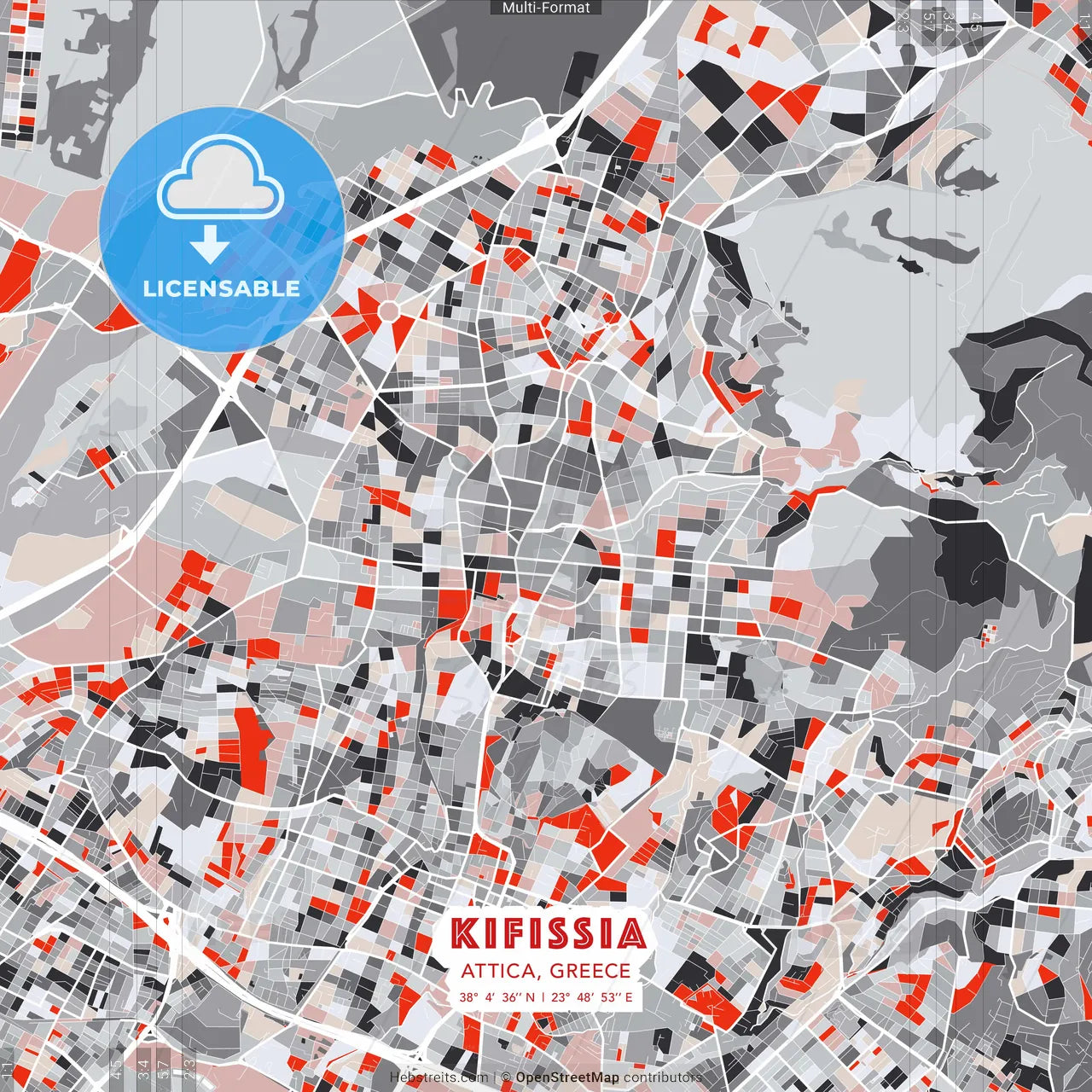 Kifissia, Attica, Greece - modern street map poster template with gray and red tones