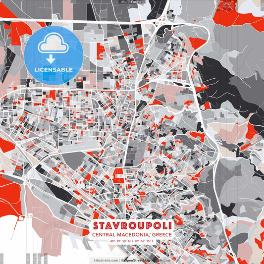 Stavroupoli, Central Macedonia, Greece - modern street map poster template with gray and red tones