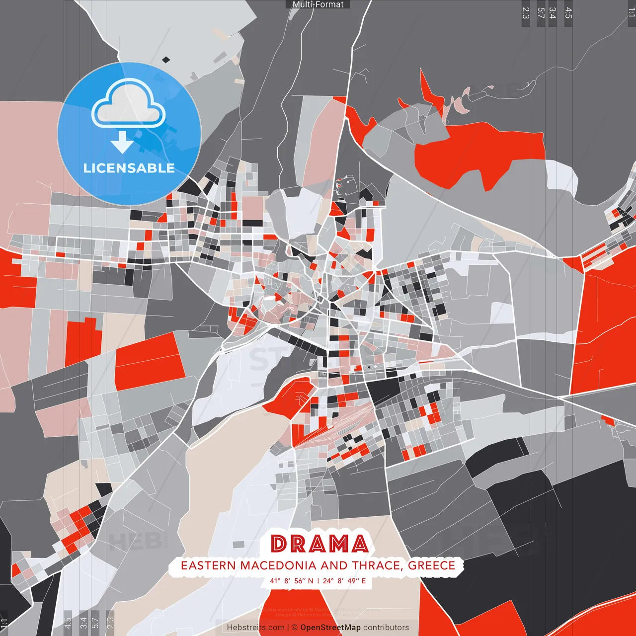 Drama, Eastern Macedonia and Thrace, Greece - modern street map poster template with gray and red tones