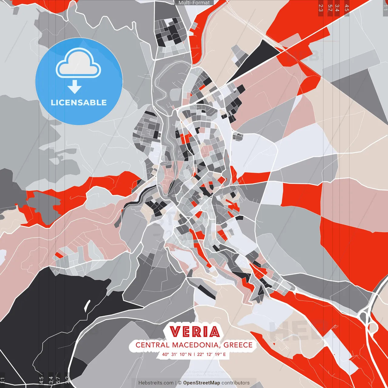 Veria, Central Macedonia, Greece - modern street map poster template with gray and red tones