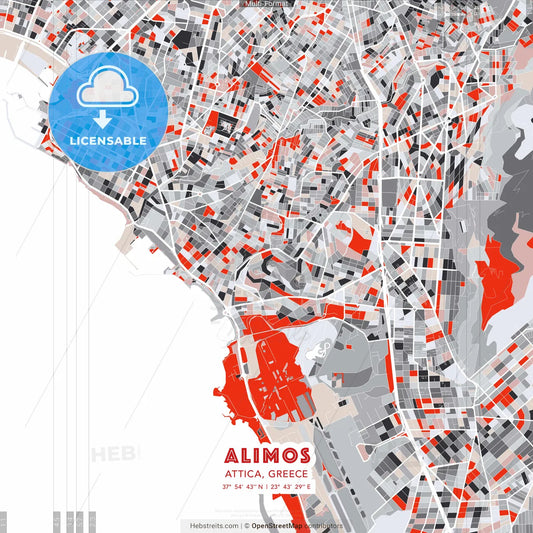 Alimos, Attica, Greece - modern street map poster template with gray and red tones
