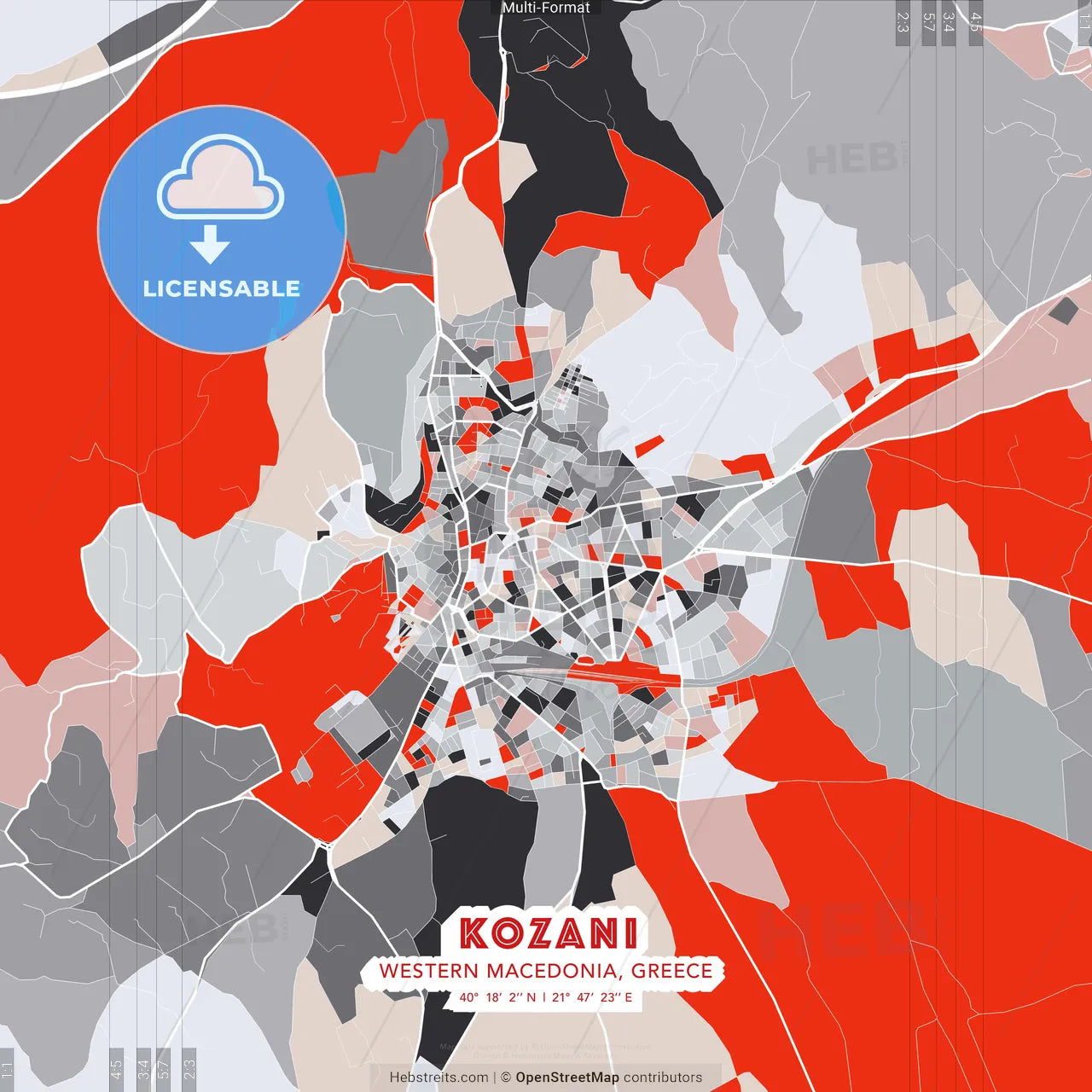 Kozani, Western Macedonia, Greece - modern street map poster template with gray and red tones