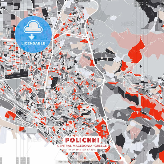 Polichni, Central Macedonia, Greece - modern street map poster template with gray and red tones