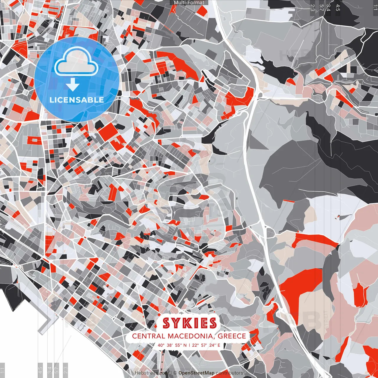 Sykies, Central Macedonia, Greece - modern street map poster template with gray and red tones