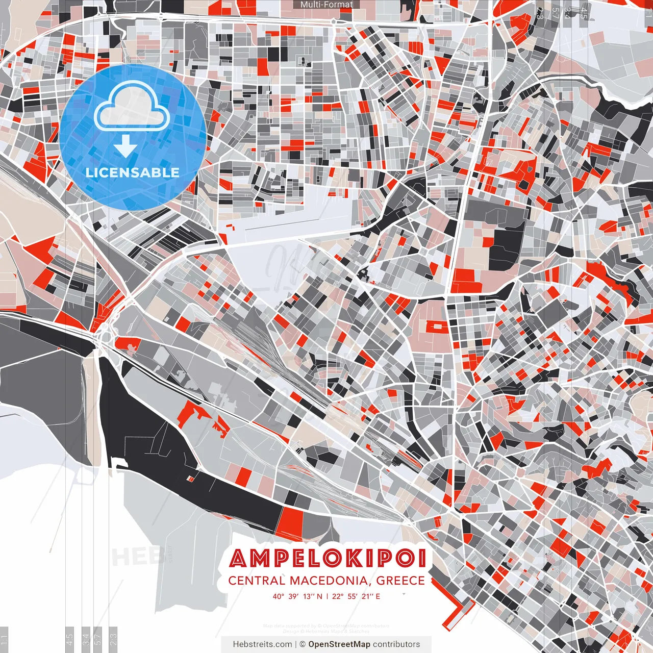 Ampelokipoi, Central Macedonia, Greece - modern street map poster template with gray and red tones