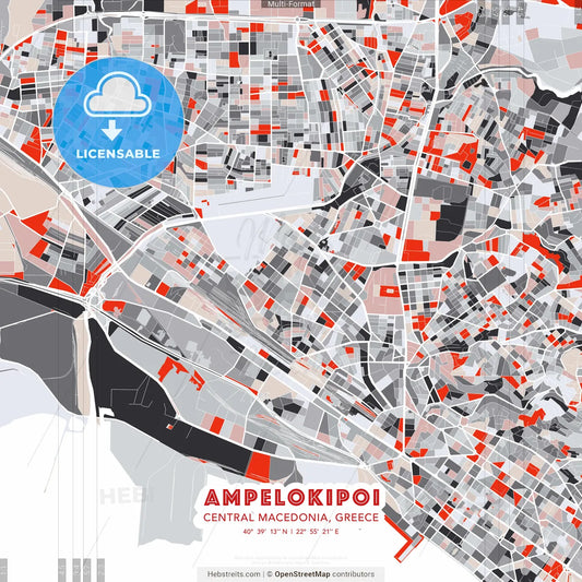 Ampelokipoi, Central Macedonia, Greece - modern street map poster template with gray and red tones