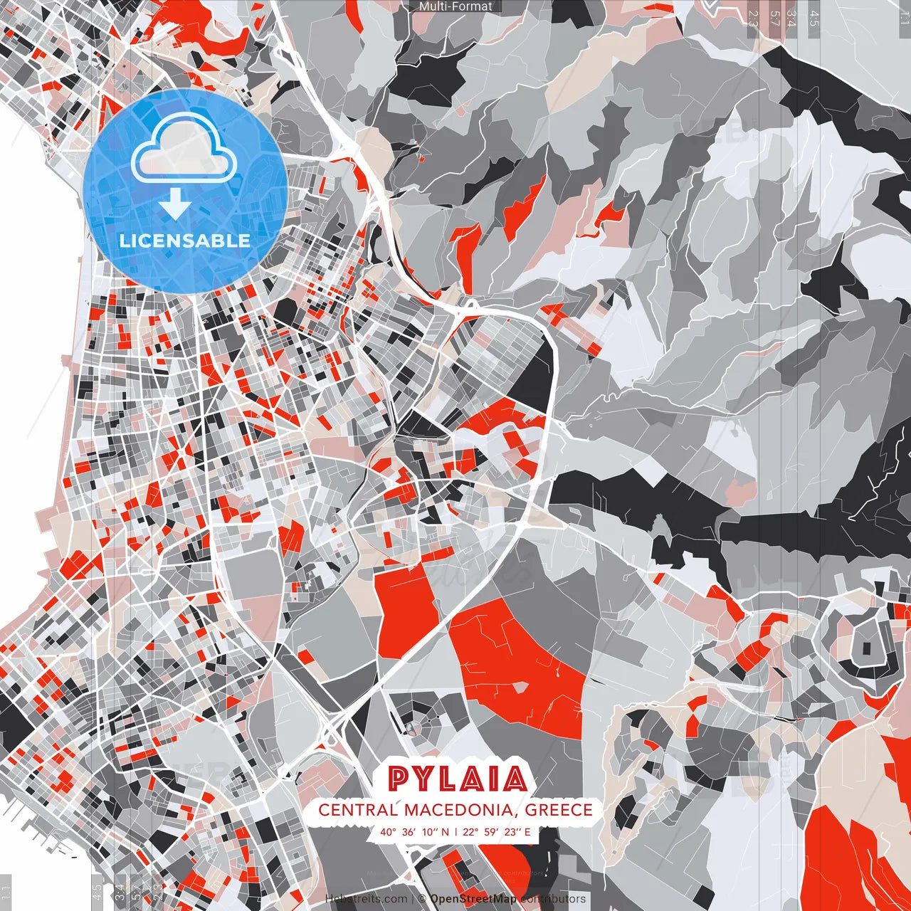Pylaia, Central Macedonia, Greece - modern street map poster template with gray and red tones