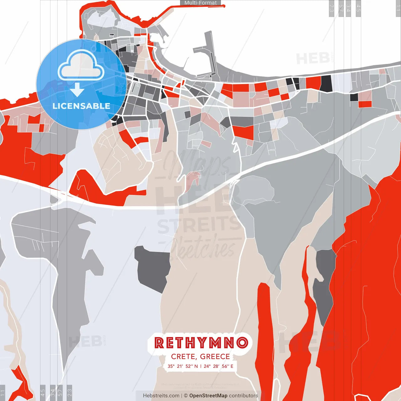 Rethymno, Crete, Greece - modern street map poster template with gray and red tones