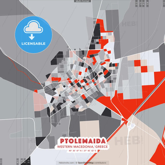 Ptolemaida, Western Macedonia, Greece - modern street map poster template with gray and red tones
