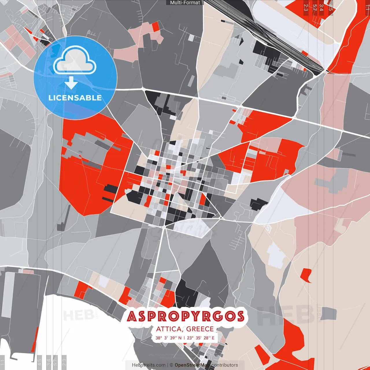 Aspropyrgos, Attica, Greece - modern street map poster template with gray and red tones