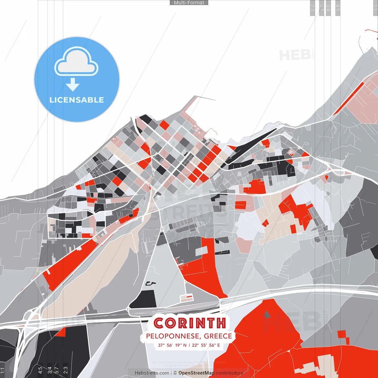 Corinth, Peloponnese, Greece - modern street map poster template with gray and red tones