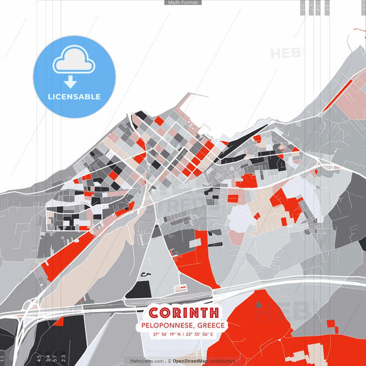 Corinth, Peloponnese, Greece - modern street map poster template with gray and red tones