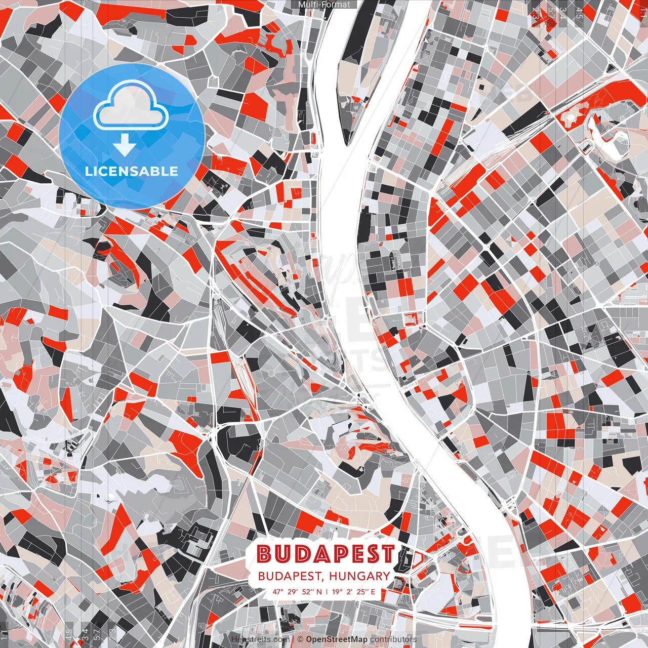 Budapest, Budapest, Hungary - modern street map poster template with gray and red tones