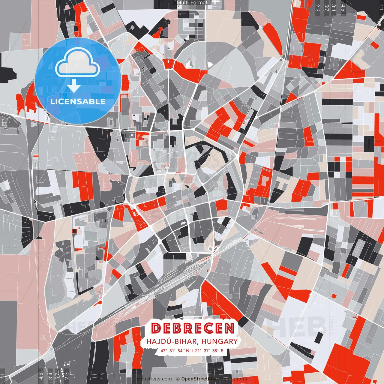Debrecen, Hajdú-Bihar, Hungary - modern street map poster template with gray and red tones