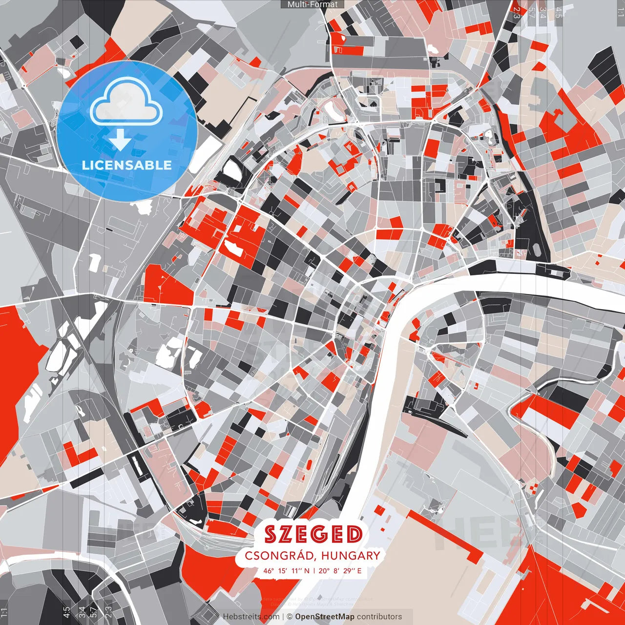 Szeged, Csongrád, Hungary - modern street map poster template with gray and red tones