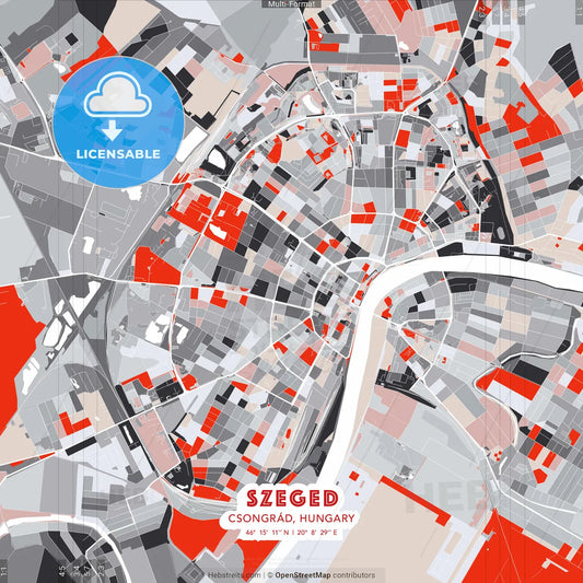 Szeged, Csongrád, Hungary - modern street map poster template with gray and red tones
