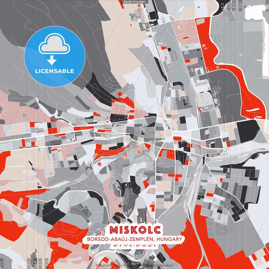 Miskolc, Borsod-Abaúj-Zemplén, Hungary - modern street map poster template with gray and red tones