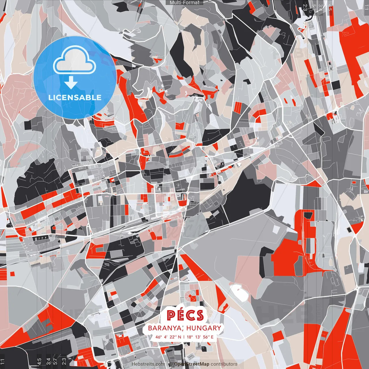 Pécs, Baranya, Hungary - modern street map poster template with gray and red tones