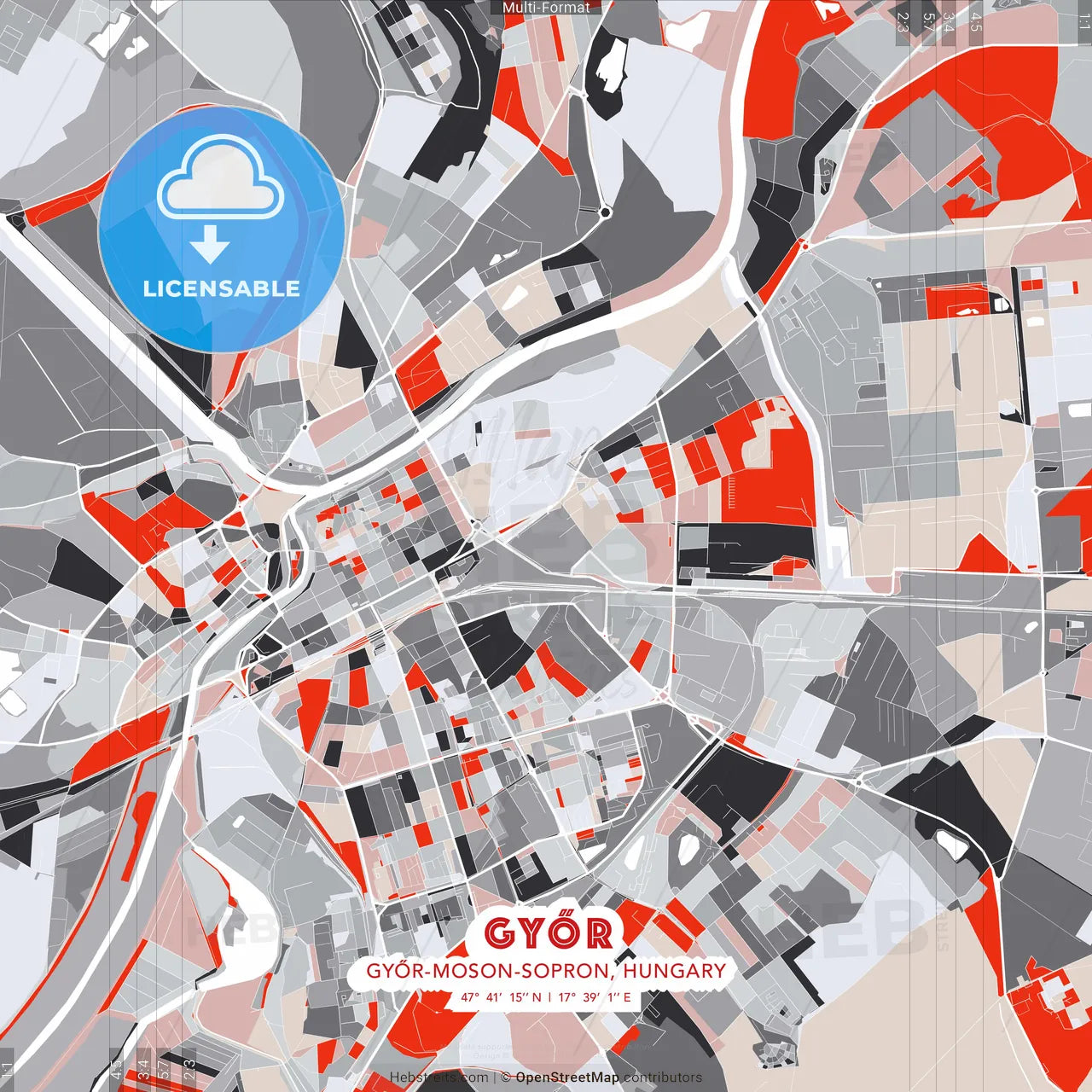 Győr, Győr-Moson-Sopron, Hungary - modern street map poster template with gray and red tones