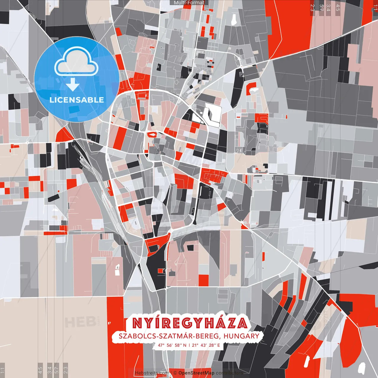 Nyíregyháza, Szabolcs-Szatmár-Bereg, Hungary - modern street map poster template with gray and red tones