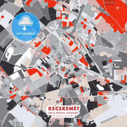 Kecskemét, Bács-Kiskun, Hungary - modern street map poster template with gray and red tones