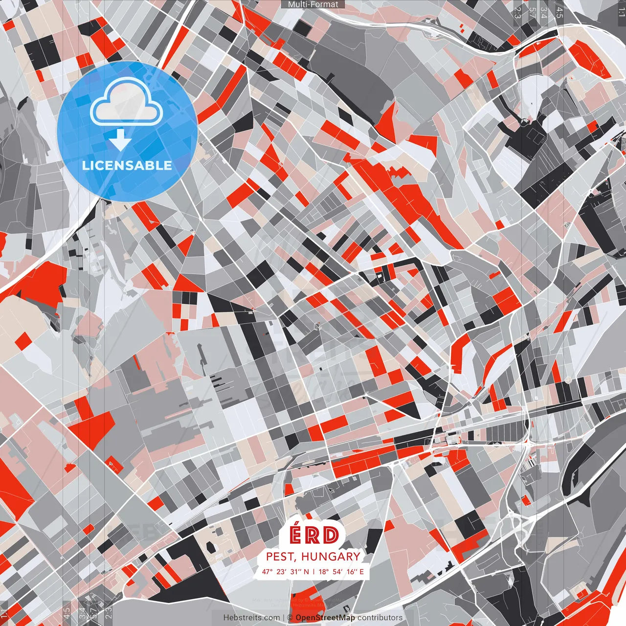 Érd, Pest, Hungary - modern street map poster template with gray and red tones