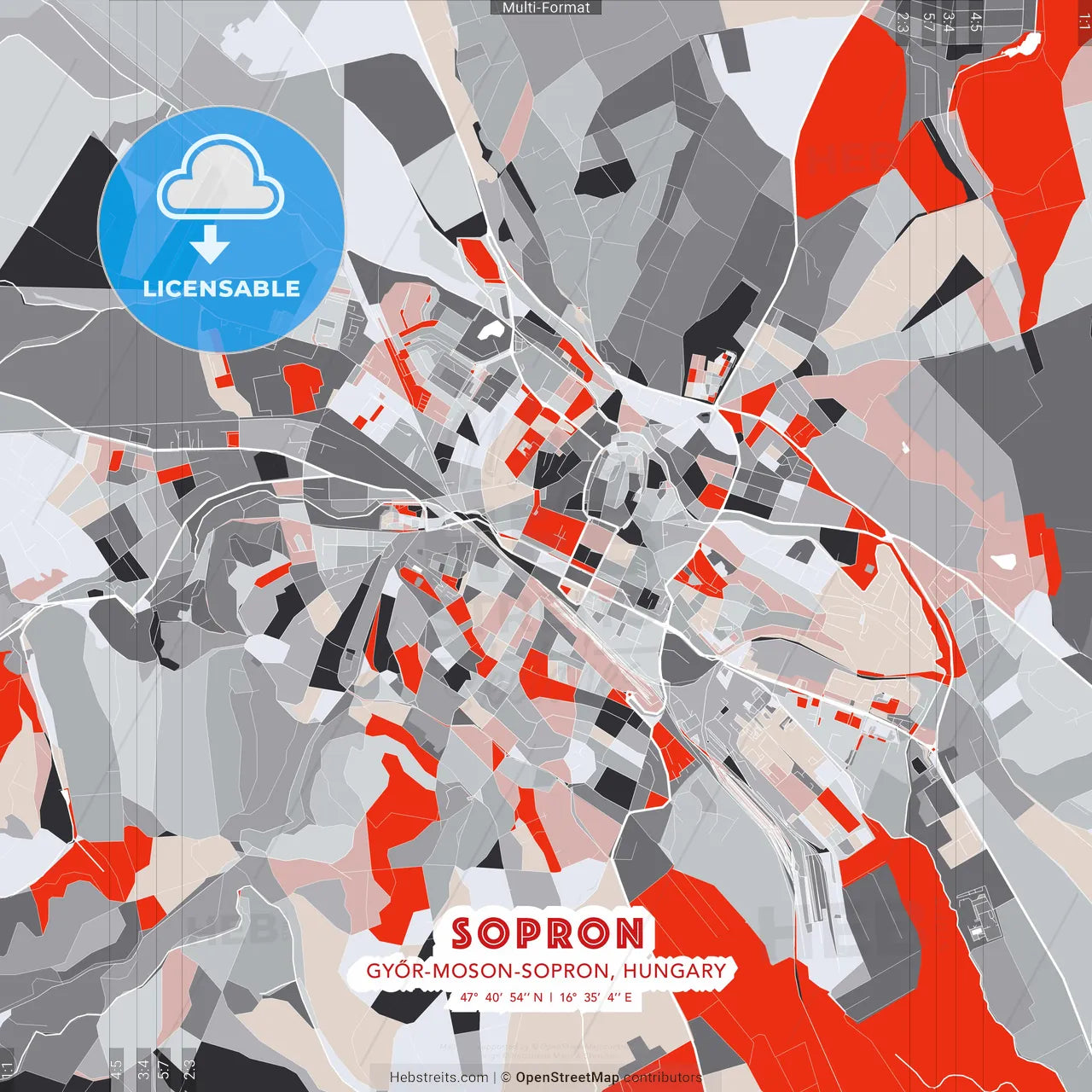 Sopron, Győr-Moson-Sopron, Hungary - modern street map poster template with gray and red tones